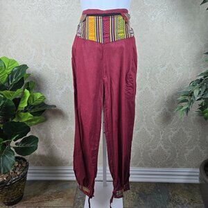 Indian Cotton Pants Dark Red Colorful Stripes Elastic Waist Adj Ankle Ties